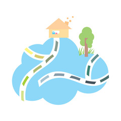 An abstract illustration of an isolated dream home on a blue cloud with pathways and a lone tree