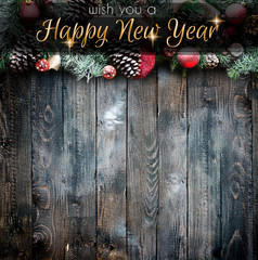 2018 Happy New Year and  Merry Christmas Frame with Snow and real wood