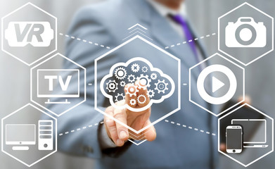 Cloud - Web Digital Storage Service Business concept. Man using virtual touch innovative interface with cloud gears button. Electronic devices communications and connections technologies.