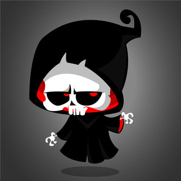 Vector illustration of cartoon death Halloween monster mascot isolated on dark background. Cute cartoon grim reaper