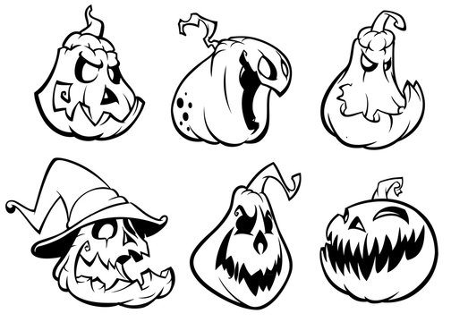 Halloween Pumpkins curved with jack o lantern face.  Vector cartoon illustration. Strokes and outlines
