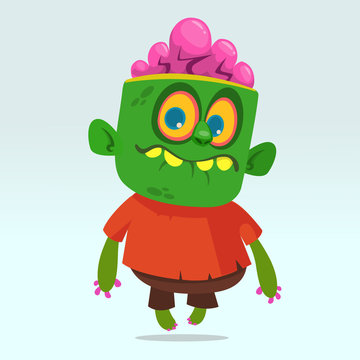 Vector cartoon image of a funny green zombie with big head in brown pants and red t-shirt walking to the right and smiling on a light gray background. Halloween. Vector illustration.