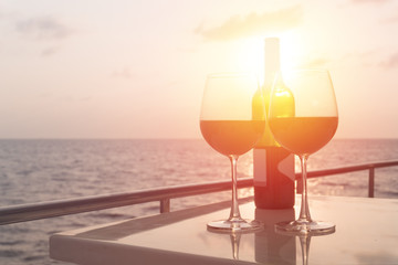 Romantic luxury evening on cruise yacht with winery setting