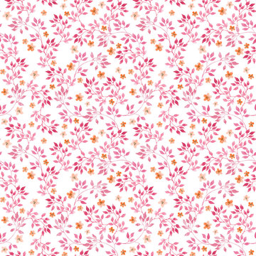 Seamless vintage pattern with watercolor pink leaves and retro tiny flowers. Watercolour © zzorik