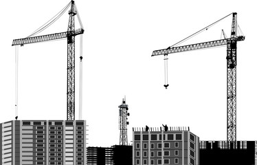 large two black cranes above grey buildings