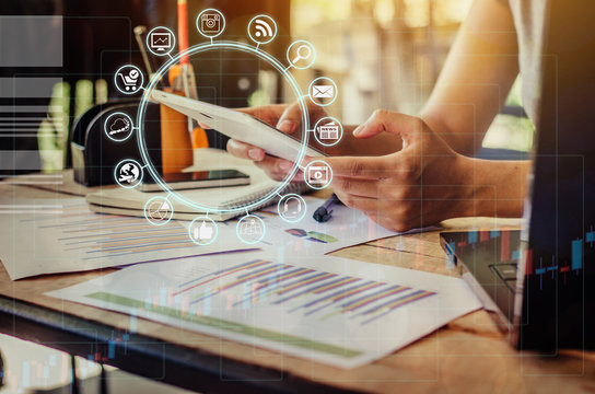 Business concept. Businessman working generic design laptop. Touching screen smartphone. Worldwide connection technology interface.