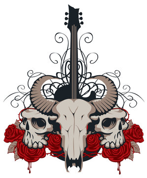 Vector illustration with skulls of a horned animal and human, electric guitar, red roses and drips of blood
