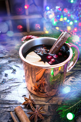 Mulled wine in copper mug.
