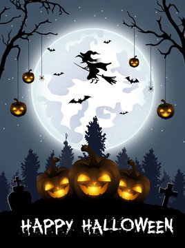 Halloween background with cemetery, bats and castle