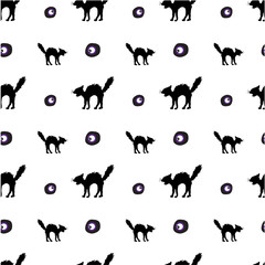 Halloween pattern background cat, eye, hand drawn scrapbook paper, gift wrap paper, for Halloween holiday vector items vector items simple style, purple, black silhouettes, isolated on white.