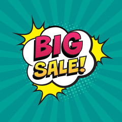 Stylish colorful retro comic speech bubble on halftone green background. Expression text Big Sale. Perfect for sales discount banner, poster. Vector illustration, vintage design, pop art style.