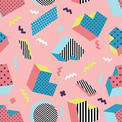Seamless colorful old school geometric pink background pattern, memphis design style. Vector illustration