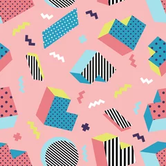 Behang Memphis stijl Naadloze kleurrijke old school geometrische roze achtergrondpatroon, memphis ontwerpstijl. vector illustratie