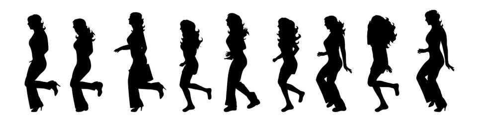 Vector silhouette of woman who run on white background.