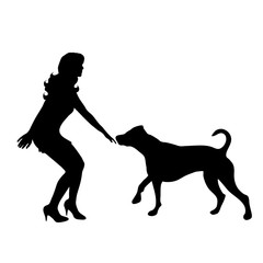 Vector silhouette of woman with dog on white background.