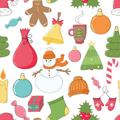 Hand drawn Merry Christmas and Happy New Year doodle seamless pattern