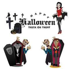 Halloween vampire in coffin, Draculas monster in cloak flat vector illustrations, good for Halloween party invitation or flyer, greeting card