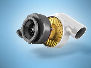 The turbine to the machine is black gray gold 3d render on blue background