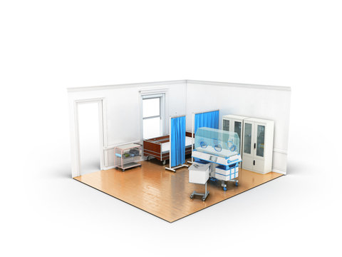 Isometric medical room wooden bed and incubator for children blue 3d render on white background