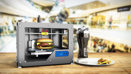 3D printer print burger 3d render Success food mace concept