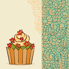 Sweet cream cupcake with flowers