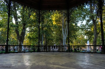 View from an old vintage park pavilion of the green promenade in Zrinjevac park in Zagreb, Croatia