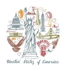Sketches of symbols of the USA in the form of a circle