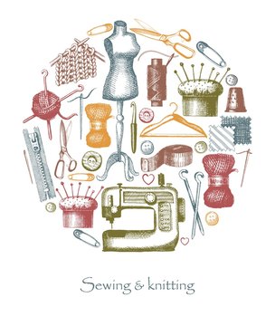 Sketches of tools and materials for sewing and knitting in the form of a circle