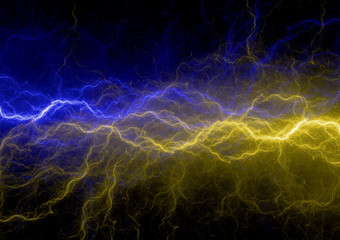 Obraz premium Niebieskie i żółte tło błyskawicy, mocy i energii