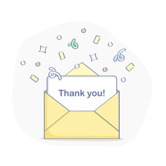 Thank you page element, open letter, envelope with confetti and text "Thank you!" Flat outline illustration design, UX UI element for web and mobile.