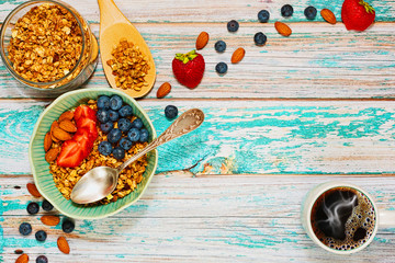 Healthy granola breakfast concept in top view