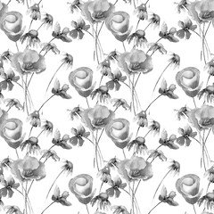Monochrome seamless pattern with Summer flowers