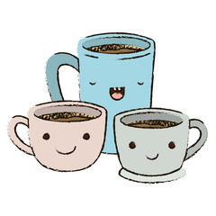 coffee cup set colorful kawaii blurred silhouette
