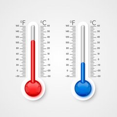 Thermometer of cold and heat, winter and summer temperature scale . Vector illustration