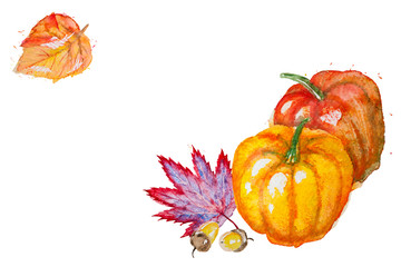Watercolor hand drawn horizontal composition with autumn leaves,pumpkins and acorns, isolated on the white background with place for your text