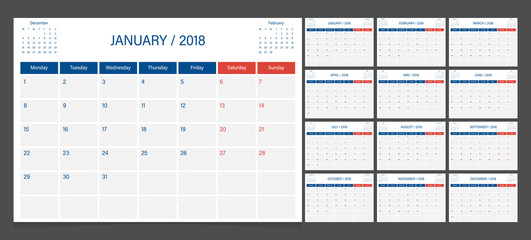 Calendar 2018 week start on Monday corporate design planner template.