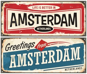 Amsterdam vintage signs collection. Greetings from Amsterdam retro souvenir template.