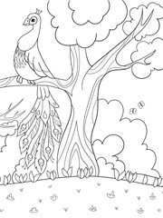 Cartoon coloring for children. A bird, a feather of a bird or a peacock on a tree.