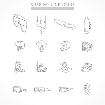 Set equipment of kite surfing sport line icons. Icons of equipment for surfing - kite, board, bag, helmet kite, snowboard, bike, bindings, shoes, trapezoid, strap, sports glasses, ski goggles, gloves