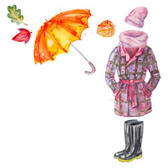 Set of hand drawn watercolor autumn clothing and accessories, coat, umbrella, gumboots, scarf, hat with leaves ,isolated on the white square background with empty place for your text