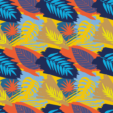 Seamless pattern with abstract watercolor stains, tropical leaves, paint brushes freehand strokes