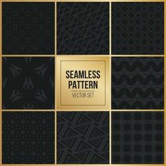 Abstract concept vector monochrome geometric pattern. Dark blue, gold minimal background. Creative illustration template. Seamless stylish texture. For wallpaper, surface, web design, textile, decor.