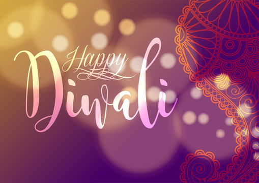 happy diwali card with orange and purple bokeh effect background vector design