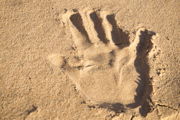 Handprints in the sand on the beach of the Baltic Sea in summer: summer is almost gone, waiting for autumn.