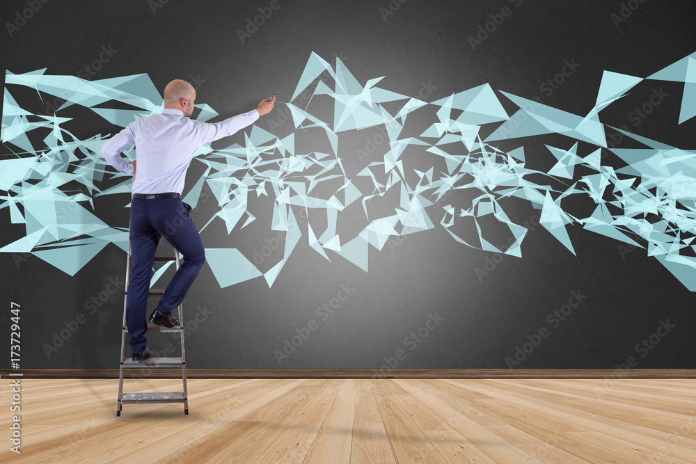 Poster businessman in front of a wall with abstract triangle displayed on a futuristic interface with line 