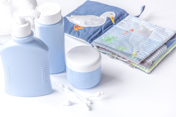 baby organic cosmetic for bath on white bakground