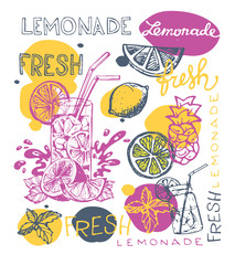 Hand drawn doodle summer illustration with lemonade. Summer drink