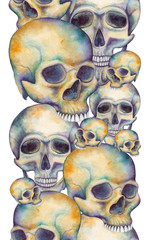 Scary Seamless Border of Watercolor Colorful Skulls