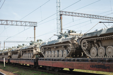 Tank tanks staying on railway platform. Military War concept