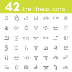 Fitness, workout, gym icons pack, 42 line pictograms isolated on white